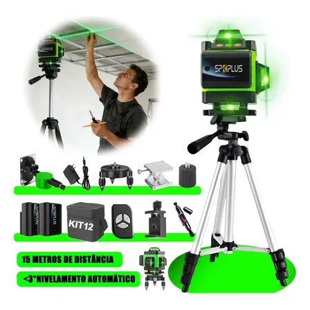 Nível Á Laser Verde 16 Linhas Esquadro + Tripé Recarregavel Profissional Prumo Autonivelante Nivel laser bateria recarregavel SPLPLUS