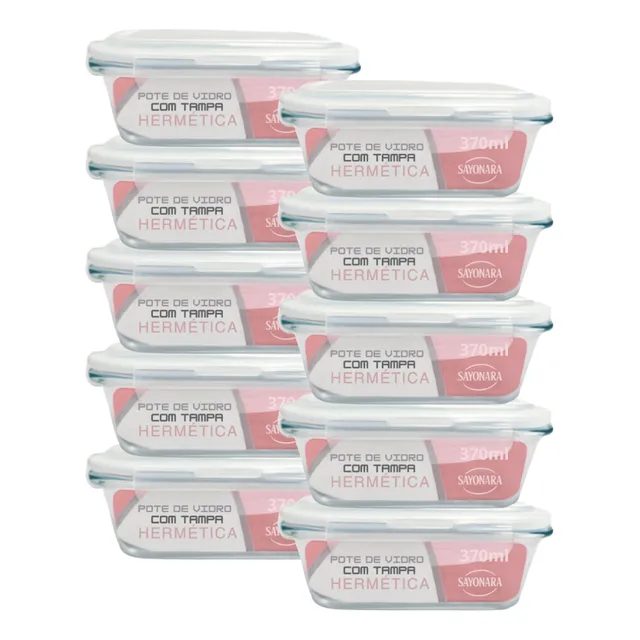 Kit Conjunto 10 Potes Vidro Hermético 370ml Marmita Vai Ao Forno Microodas Freezer Transparente