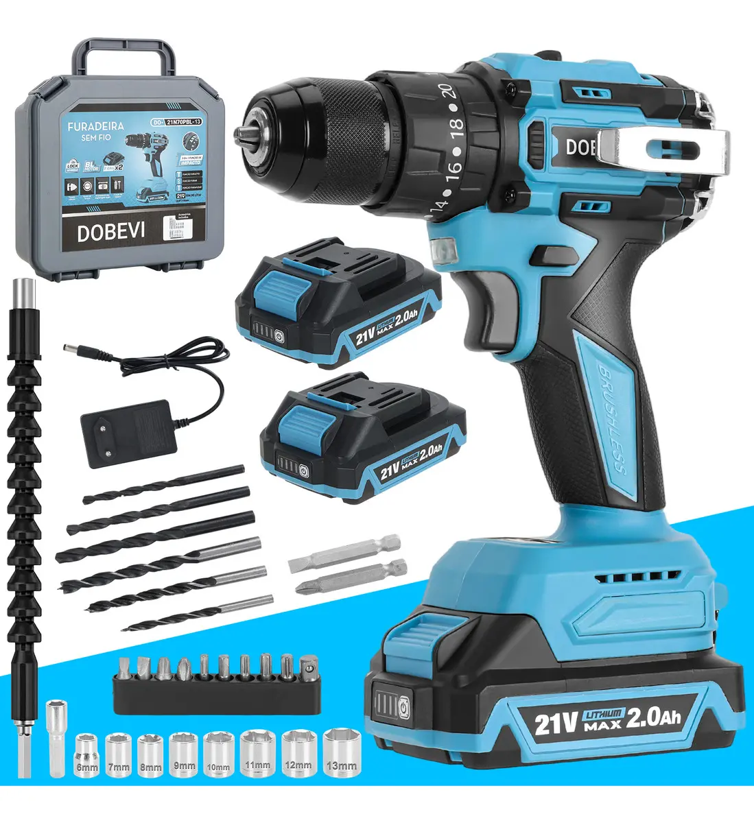 Furadeira Parafusadeira Impacto 3 Em 1 Brushless 13mm Dobevi Azul 127/220v 60hz