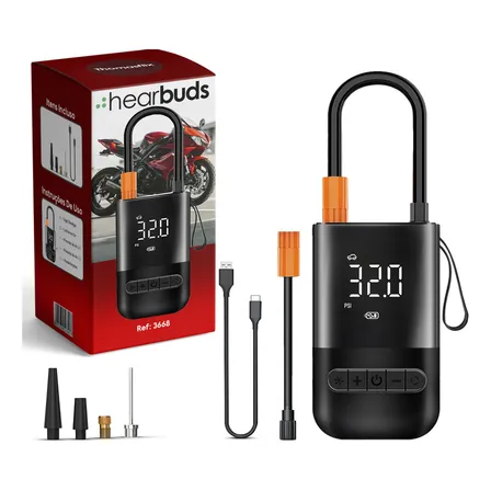 Compressor de Ar Portátil Hearbuds Preto USB-C para Carro Moto Bike Infláveis 150 Psi