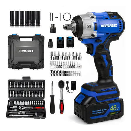 Kit Chave De Impacto Parafusadeira Furadeira Recarregável 48v + Jogo Soquete 46 Peças Azul Devilprex