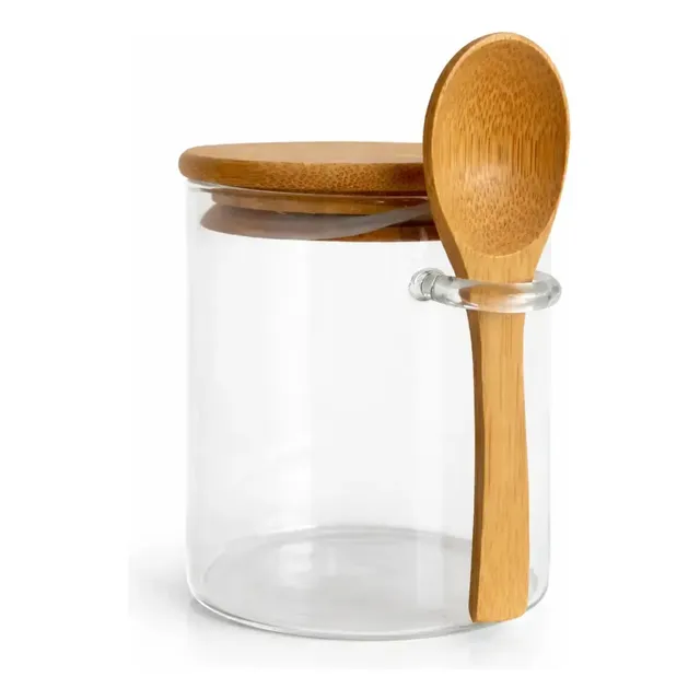 Kit 3 Potes Vidro Com Tampa Bambu Redondo Mantimentos Bambu Bege