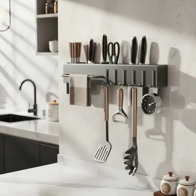 Suporte Utensilios De Cozinha Para Parede Aço Inox 6 Ganchos Cinza-escuro Decorales