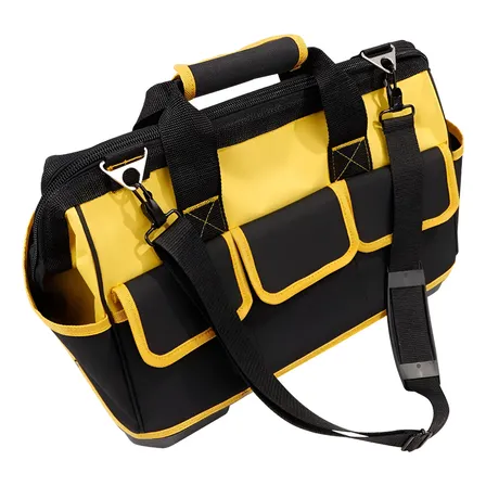 Bolsa Ferramentas Grande Reforçada Manutenção Eletricista Com Alça Amarela 16 Divisões Fundo Rígido Preto Com Amarelo