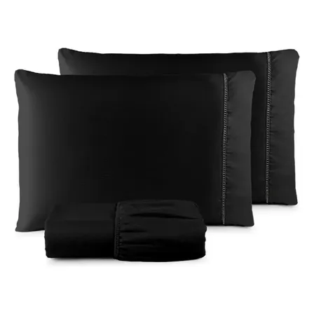 Jogo de Lençol Queen 3 Peças 400 Fios com Elástico Hotel Preto Liso