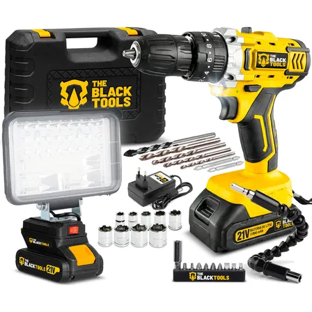 Kit Parafusadeira Furadeira De Impacto 21v Sem Fio Com 2 Baterias Tb21pkx + Refletor Led Bateria 18w The Black Tools