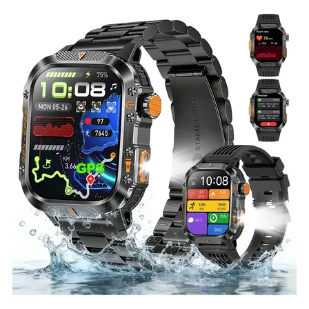 Relógio Inteligente Smartwatch Gps 3ATM Grau Militar Água Chamadas Bluetooth Notificações Instantâneas NOVANTE Masculino Feminino Preto Digital Esportivo Bússola 520mAh Com Lanterna Pulseira De Aço