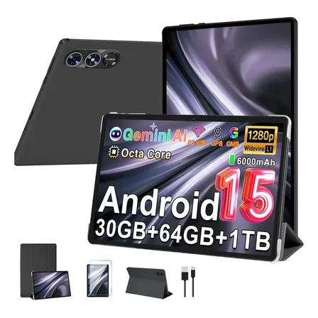 Tablet Android 15 Tablet 10 Polegadas Com Gemini Ai 30 Gb Ram+64 Gb Rom/tf 2 Tb,2.4g/5g Wi-fi,octa-core 2.0 Ghz,controlo Parental Widevine L1,6000 Mah,desbloqueio Facial,bt 5.0, Gps,com Capa