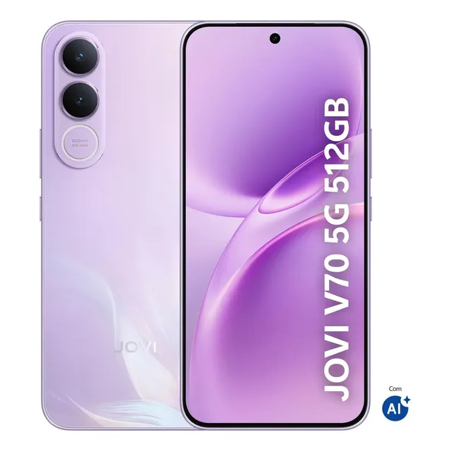 Smartphone JOVI V70 5G Câmera 200MP 512GB de Memória 16GB RAM (8GB + 8GB RAM expansível) Bateria de 7000mAh, Processador Octa-Core, Pacote de Benefícios com troca de tela grátis - Lilás Boreal