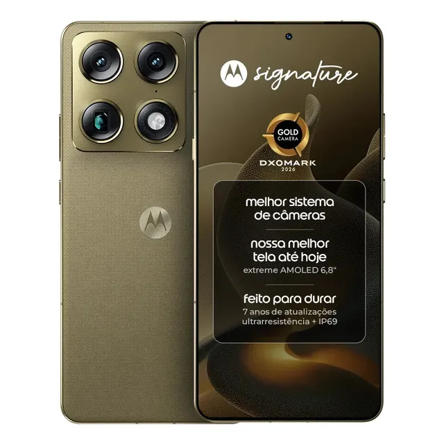 Smartphone Motorola Signature 5g - 512gb 24gb (12gb Ram + 12gb Ram Boost), 3 Cameras 50mp Sony Lytia E Zoom 100x, Tela 1.5k Extreme Amoled 165hz - Verde Oliva