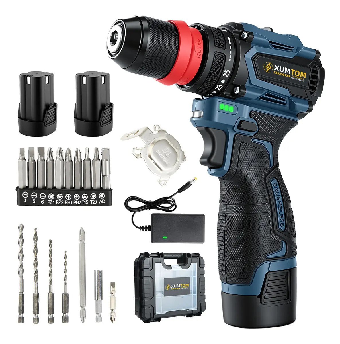 Parafusadeira Furadeira Portátil Sem Fio 16v Xumtom 3/8 10mm 2 Bateria Led Bivolt Acessorios E Maleta