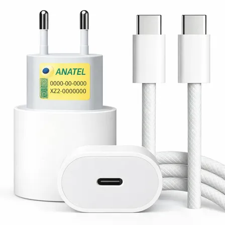 Carregador Turbo Usb-c Com Cabo Tipo C 1 Metro Trançado Branco Fonte De Carregamento Turbo, Alta Potência, Seguro E Compatível Com Iphone 15 16 17, Android , Eletric Teck