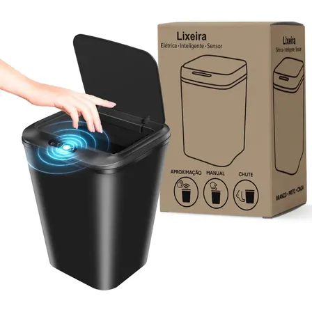 Caixote Do Lixo Inteligente Com Sensor Automático 16L Adequado Para Casas De Banho Cozinhas E Escritórios Design moderno Cor Preto