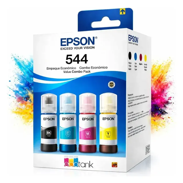 Kit Tinta Impressora Epson Refil 544 Original Pack 4 Cores Preto Ciano Magenta Amarelo T544 Compatível Diversas Impressoras L1110 L1210 L3110 L3150 L3160 L3210 L3250 L3251 L3260 L5190 L5290 Sígux