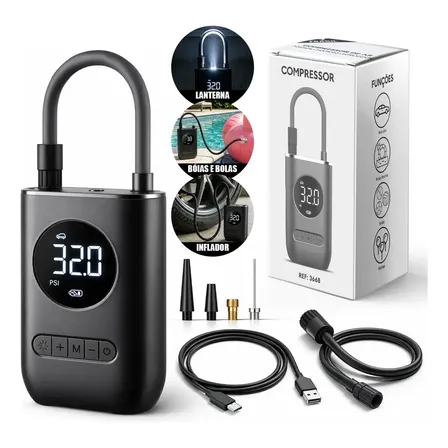 Compressor De Ar Digital Mini Portátil Recarregável Usb-c Para Pneus De Bicicleta Moto Carro Bolas Infláveis Preto