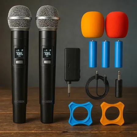 Kit 2 Microfones Sem Fio Recarregável Profissional Uhf Led Karaokê Palestras Shows Igrejas Apresentações Cancelamento De Ruído Anti-larsen Cardioide 14h Bateria Para Palco Reuniões Micgeek