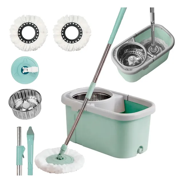 Mop Giratório Remova Sujeira Balde 12l Esfregão Cabo 130cm Cesto Inox Com Refil Fácil Limpeza Eficiente Completo Uso Longo Sem Esforço Faxina Rápida Praticidade Higiene Limpar Casa Moderna Rodinhas