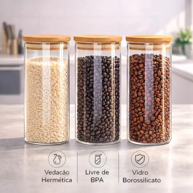 Kit 3 Potes De Vidro Herméticos Com Tampa De Bambu De 1 Litro Para Mantimentos Alimentos Grãos Café Massas Cereais Cozinha Com Vedação Hermética Vidro Borossilicato Bpa Free Transparente