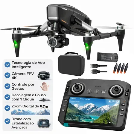 Drone Profissional H34 Câmera 4K Full Hd Estabilizada Alta Performance GPS Wifi Fpv Motores Brushles Sensor Obstáculos Giro 360° Estável Longo Alcance Bateria Resistente Exclusivo Lançamento Popsy