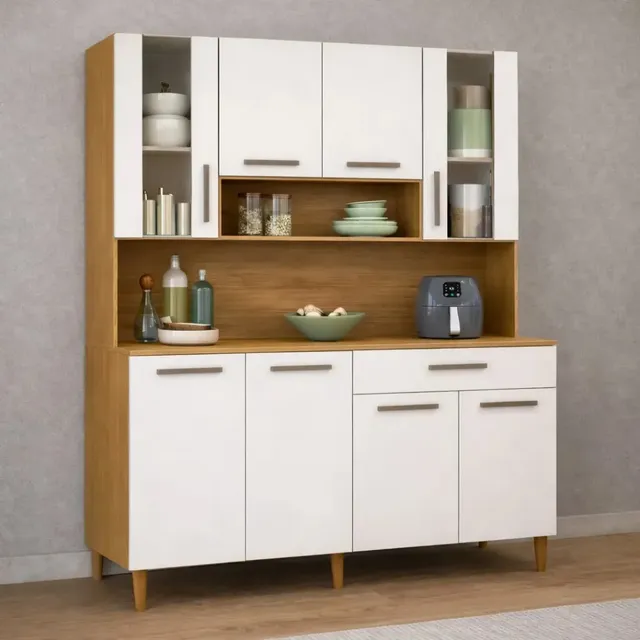Cozinha Completa Poliman Gabi Freijó Off White Compacta Moderna Com Balcão Aéreo E Nichos Funcionais 6 Portas Espaço Para Microondas Ideal Para Cozinha Pequena Em Mdp Mdf