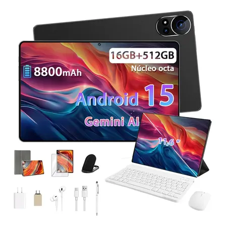 Tablet Android Tab Kit Completo Ram 16gb 512gb 11,6'' Hd Tela Apoia Wifi Bateria 8800mah Com Caneta+teclado E Mouse Profissional Estudo Trabalho IA Gemini Jogos 2 Em 1 Tablets Pc Preto