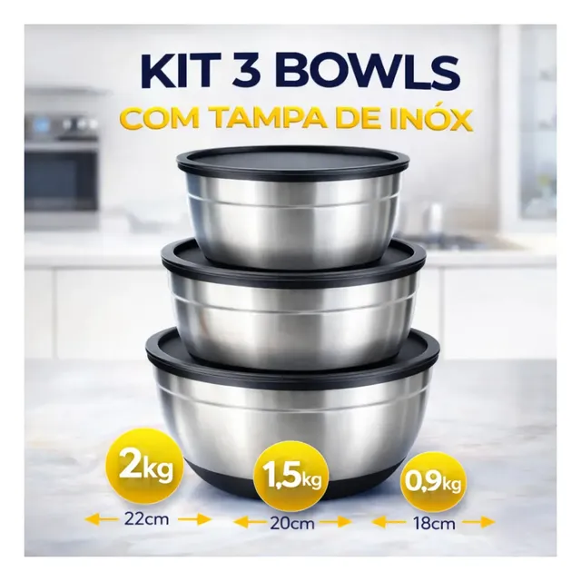 Kit 3 Bowls Inox Com Tampa Hermética 22cm 20cm 18cm Potes Aço Inox Cozinha Armazenamento Alimentos A Tabuleria