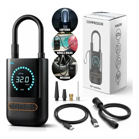 Compressor De Ar Digital Mini 12v Portátil Com Lanterna Led Para Moto Carro Bike Ciclismo E Enchimento De Pneus