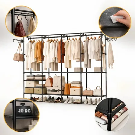 Arara Organizadora 4 Colunas Em Aço Resistente Guarda Roupa Dobrável Modular Cabideiro Closet Aberto Organizador De Roupas Desmontável