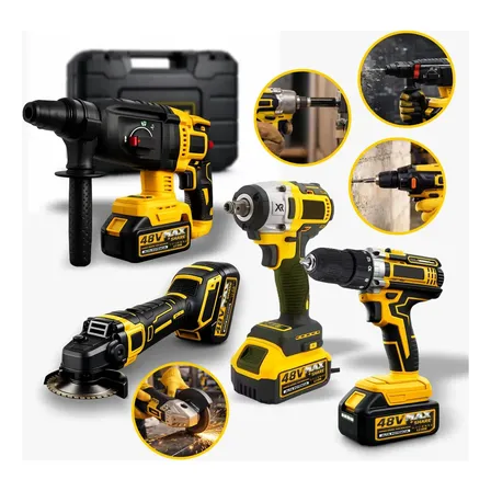 Kit Multiferramentas 4 Em 1 | 48V Sem Fio Com 2 Baterias Furadeira Parafusadeira, Martelete, Esmerilhadeira, Chave De Impacto Com Maleta Alta Potência Uso Profissional E Doméstico