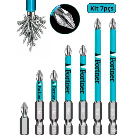 Ponta Bits Magnética Ph2 50mm + 70mm + 90mm Ponteira Imã Antiderrapante Parafusadeira Kit 7 Peças Fortner