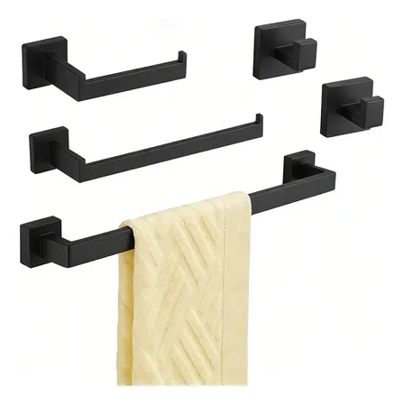 Kit 5 Peças Acessórios Banheiro Inox Toalheiro Quadrado Luxo Dreamway Preto Fosco Organizador Porta Porta-toalhas, Saboneteira, Suporte Para Rolo Toalha Aço Inoxidável