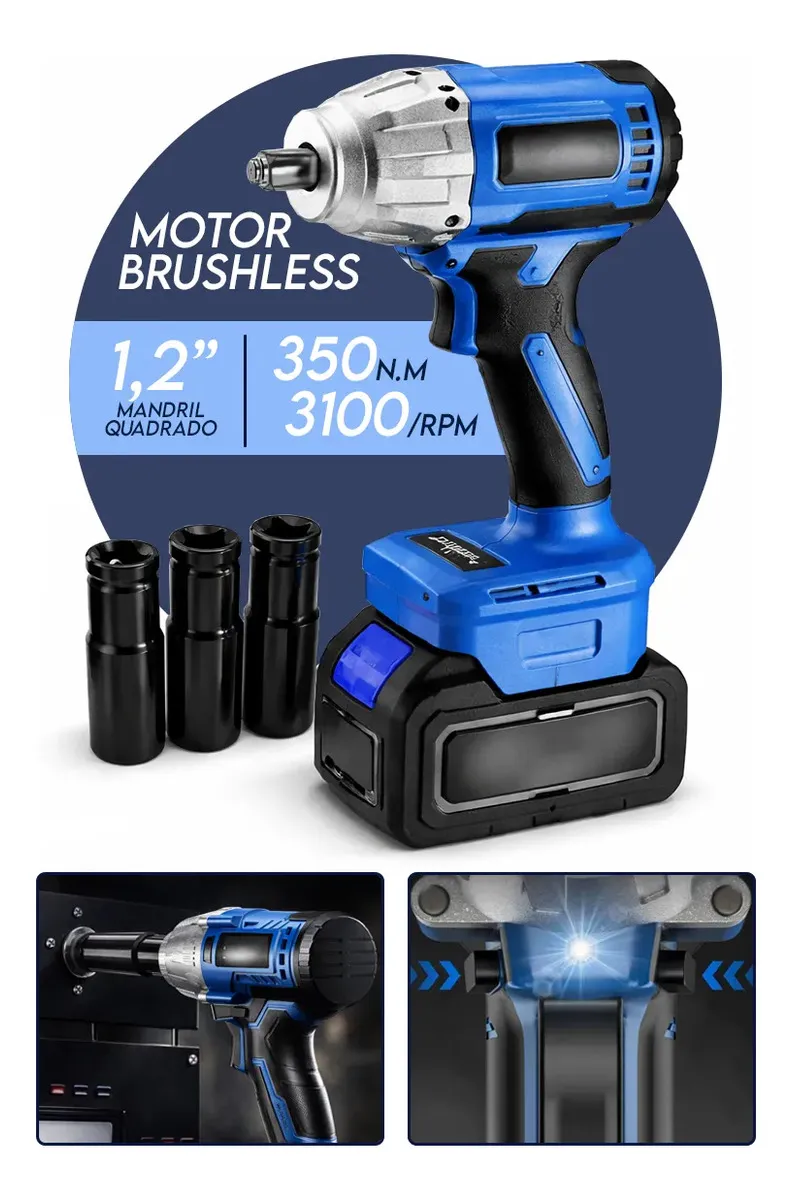 Chave de Impacto 48v Com Bateria Recarregável Mandril 1,2" Quadrado Torque 350n.m 0-3100 Rpm Velocidade Variável Carregador Bivolt Motor Sem Escova Mackie Ferramentas