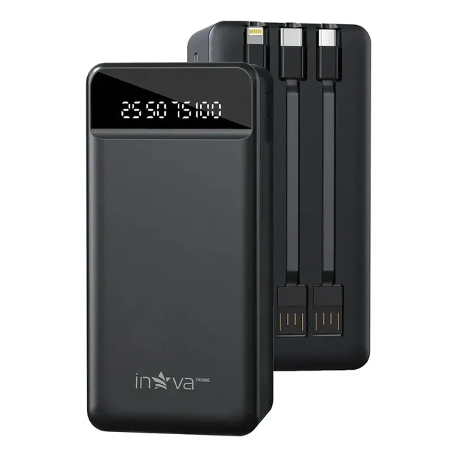 Inova Power Bank Portátil 30000mah Carregamento Rápido 22.5w Display Led Premium Lanterna Led Cabos Embutidos Usb-c E Android Alta Compatibilidade iPhone Huawei Xiaomi iPad Fones Bluetooth Preto