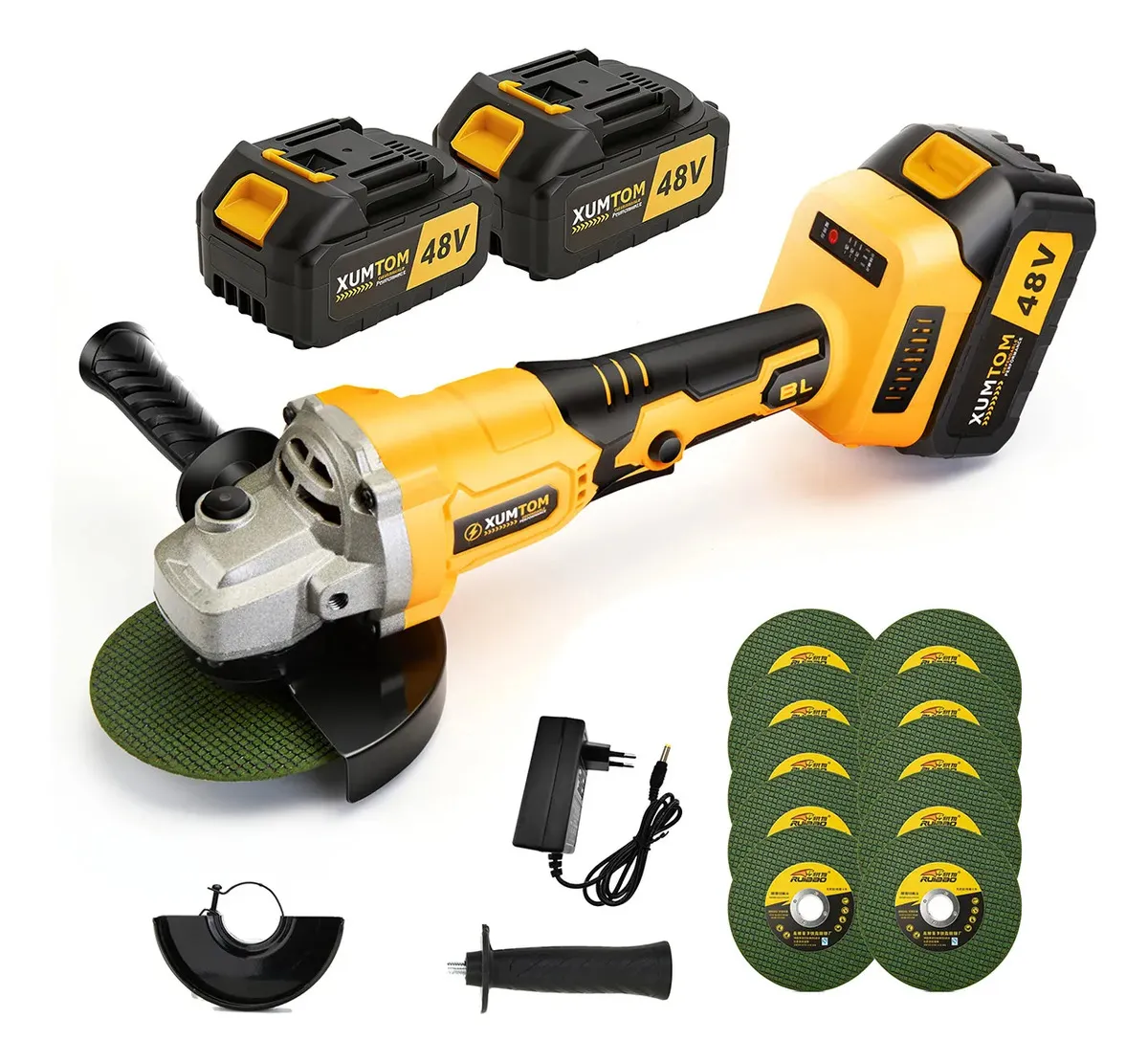 Esmerilhadeira Angular Sem Fio Brushless 48v Xumtom 2 Baterias 10 Discos 100mm M10 Corte Metal Madeira Azulejo