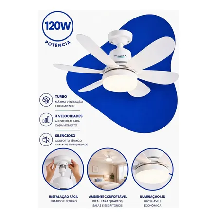 Ventilador De Teto 120w 6 Pás 3 Velocidades Interno Externo Silencioso Econômico Timer Controle Remoto Branco Luz Led Cct Quente Neutro Frio Luminária Moderno Luminária Portátil Branco Marca Nohara