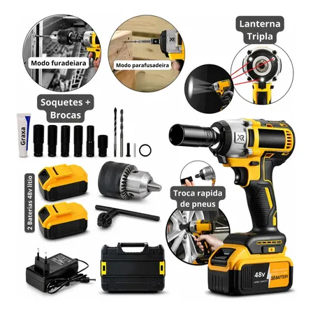 Chave De Impacto Com 2 Baterias Furadeira Parafusadeira Profissional Mandril 1,2 Quadrado Torque 440n.m 0-2400 Rpm Velocidade Variável Carregador Bivolt Motor Sem Escova E Acessórios Cnc Do Brasil