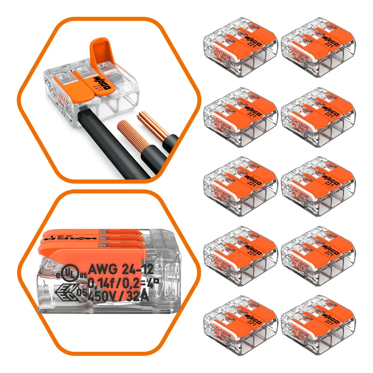 Conector Wago Compacto Emenda 3 Fios Modelo 221-413 10 Peças