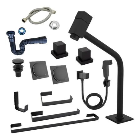 Kit Para Banheiro 10 Peças Quadrado Preto Com Ducha