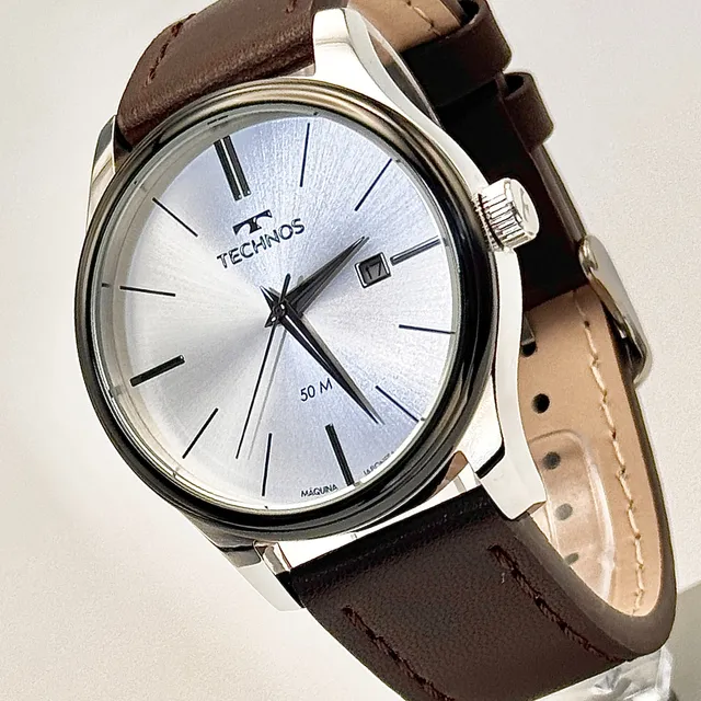 Relógio Technos Masculino Steel Prateado Pulseira Couro Marrom Preto Prateado