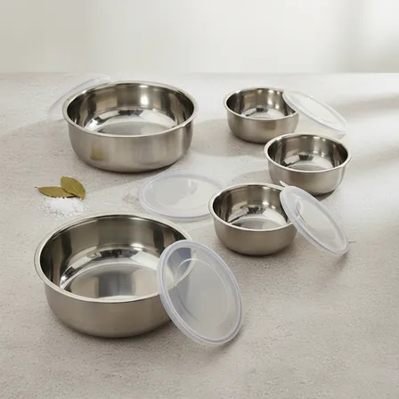 Tigelas De Inox Com Tampa Kit 5 Potes Geladeira Vazilhas