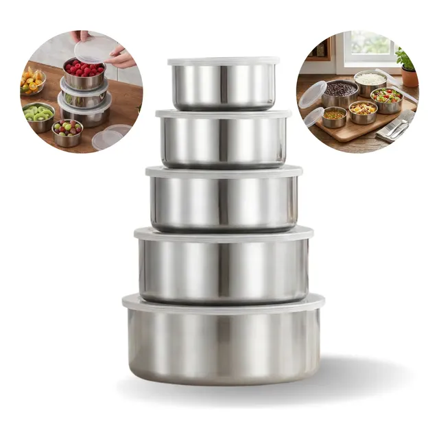 Conjunto De 5 Potes Em Aço Inox C Tampa Hermetico P Alimento