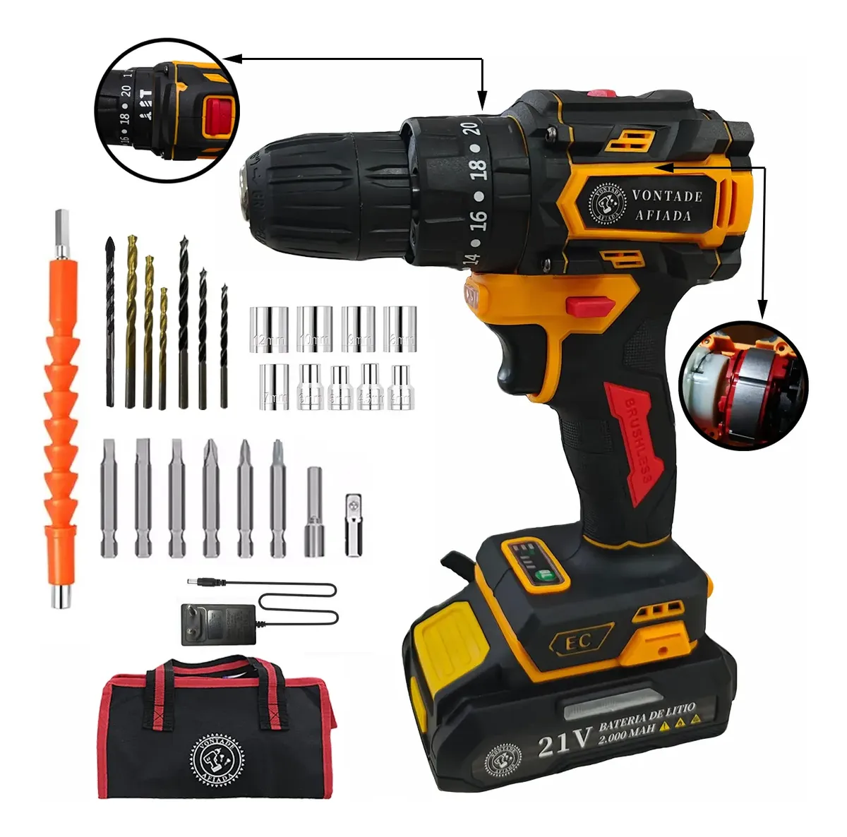 Sem Escovas Parafusadeira Furadeira De Impacto 21v Com Bolsa