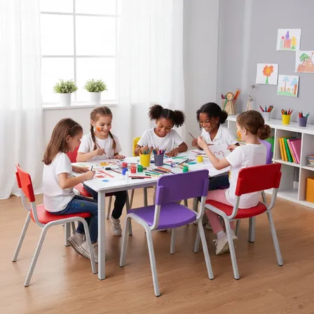 Jogo De Mesa 120x70 Infantil Com 6 Cadeiras Coloridas Escola