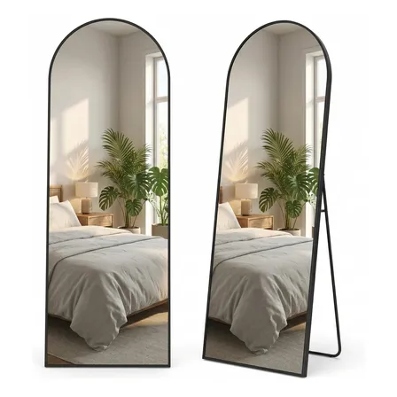 Espelho Oval Base Reta Arco Chão Parede Moldura Preto 162x52