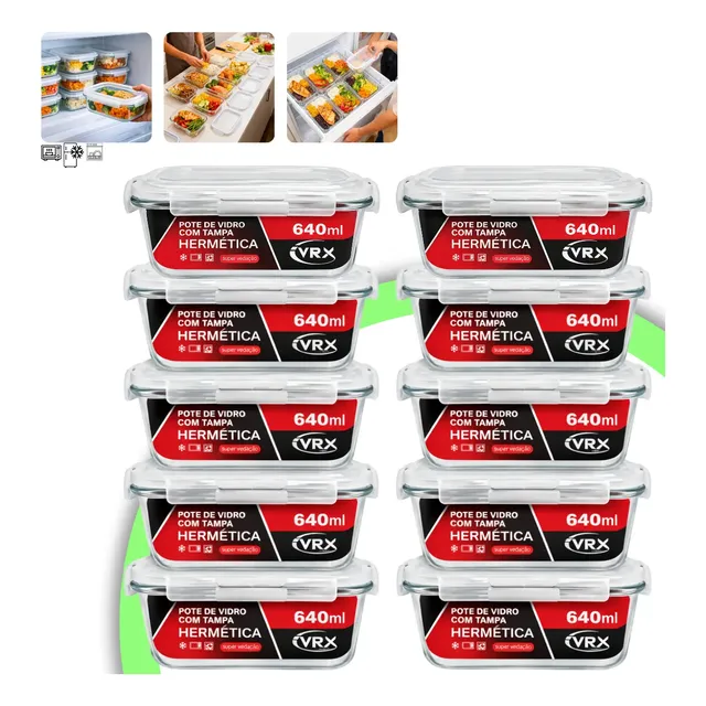 Kit 10 Pote De Vidro Hermético 640ml Marmita Freezer Fitness Vidro Transparente