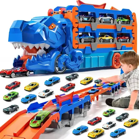 Caminhão Dinossauro Pista Com 6 Carrinhos Maleta Transporte