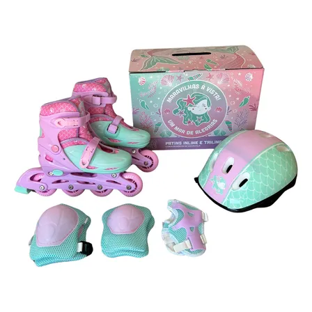 Patins Infantil 2 Em 1 Ajustável 32-35 Kit Proteção Completo