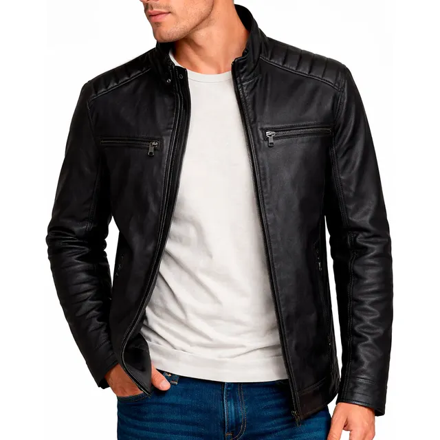 Jaqueta De Couro Masculino Slim Inverno Frio Sem Capuz Preto G Liso