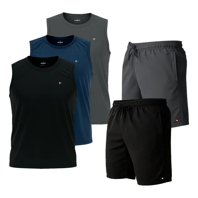 Kit 5 Pçs 3 Camisas Regata Dry-fit Sandrini +2 Short Tactel Sortidos Logo M Lisa