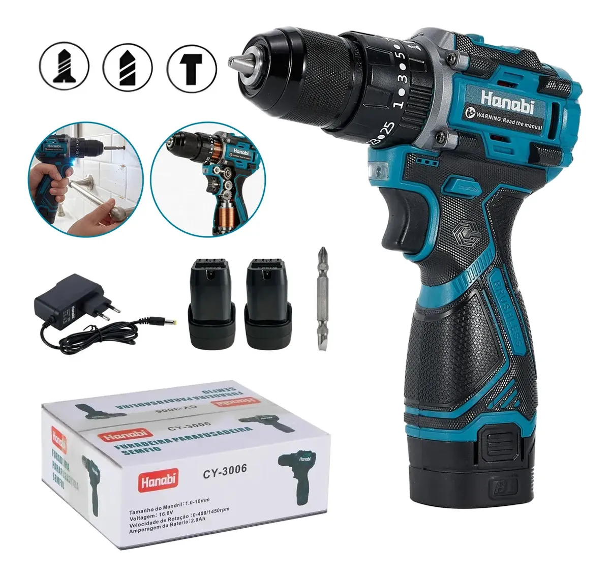 Sem Escovas Parafusadeira Furadeira De Impacto 16v 2 Bateria